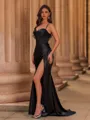 Magnificent Sheath Spaghetti Straps Pleated Sweep Train Silk like Satin Corset Prom Dress