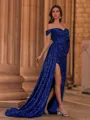 Extravagant Sheath Off-the-Shoulder Long Sleeves Pleated Sweep Train Prom Dress