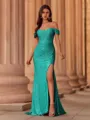 Classy Sheath Off-the-Shoulder Pleated Sweep Train Prom Dress