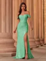 Classy Sheath Off-the-Shoulder Pleated Sweep Train Prom Dress