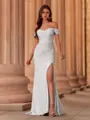 Classy Sheath Off-the-Shoulder Pleated Sweep Train Prom Dress