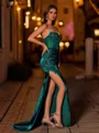 Fashion-forward Sheath Sweetheart Appliques Lace Sweep Train Silk like Satin Corset Prom Dress