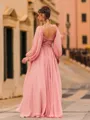 Perfect A-Line 30D Chiffon Pleated V-Neck Long Sleeves Floor-Length Prom Dress