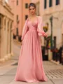 Perfect A-Line 30D Chiffon Pleated V-Neck Long Sleeves Floor-Length Prom Dress