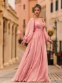 Perfect A-Line 30D Chiffon Pleated V-Neck Long Sleeves Floor-Length Prom Dress