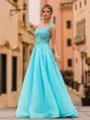 Trendy A-Line Organza Beading Scoop Sleeveless Floor-Length Prom Dress