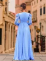 Glam A-Line Chiffon Pleated V-Neck Long Sleeves Floor-Length Prom Dress