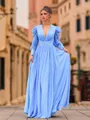 Glam A-Line Chiffon Pleated V-Neck Long Sleeves Floor-Length Prom Dress