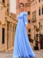 Glam A-Line Chiffon Pleated V-Neck Long Sleeves Floor-Length Prom Dress