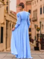 Glam A-Line Chiffon Pleated V-Neck Long Sleeves Floor-Length Prom Dress