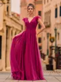Unique A-Line Tulle Ruffles V-Neck Sleeveless Floor-Length Prom Dress
