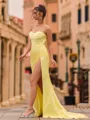 Pretty Sheath Satin Pleated Sweetheart Sleeveless Sweep Train Prom Dress