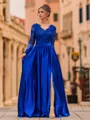 Hot A-Line Satin Appliques Lace V-Neck Long Sleeves Floor-Length Prom Dress