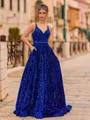 Elegant A-Line Velvet Sequins V-Neck Sequin Sleeveless Sweep Train Prom Dress
