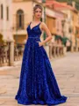 Elegant A-Line Velvet Sequins V-Neck Sequin Sleeveless Sweep Train Prom Dress
