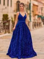 Elegant A-Line Velvet Sequins V-Neck Sequin Sleeveless Sweep Train Prom Dress