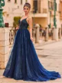 Opulent A-Line Tulle Beading V-Neck Sleeveless Sweep Train Prom Dress