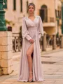 Exquisite A-Line Chiffon Ruffles V-Neck Long Sleeves Floor-Length Prom Dress