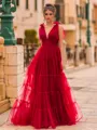 Stunning A-Line Tulle Ruffles V-Neck Sleeveless Sweep Train Prom Dress