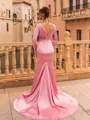 Grand Sheath Silk Like Satin Pleated V-Neck Long Sleeves Sweep Train Prom Dress