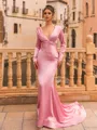 Grand Sheath Silk Like Satin Pleated V-Neck Long Sleeves Sweep Train Prom Dress