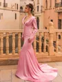 Grand Sheath Silk Like Satin Pleated V-Neck Long Sleeves Sweep Train Prom Dress