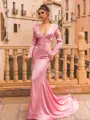 Grand Sheath Silk Like Satin Pleated V-Neck Long Sleeves Sweep Train Prom Dress