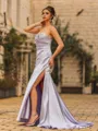 Luxurious Sheath Elastic Woven Satin Pleated Sweetheart Sleeveless Sweep Train Prom Dress