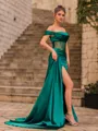 Magnificent Sheath Silk Like Satin Pleated Off-The-Shoulder Short Sleeves Sweep Train Prom Dress