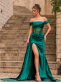 Magnificent Sheath Silk Like Satin Pleated Off-The-Shoulder Short Sleeves Sweep Train Prom Dress