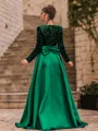 Unique A-Line Velvet Sequins Bowknot V-Neck Long Sleeves Sweep Train Prom Dress