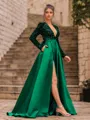 Unique A-Line Velvet Sequins Bowknot V-Neck Long Sleeves Sweep Train Prom Dress