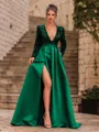Unique A-Line Velvet Sequins Bowknot V-Neck Long Sleeves Sweep Train Prom Dress