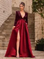 Unique A-Line Velvet Sequins Bowknot V-Neck Long Sleeves Sweep Train Prom Dress