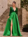 Unique A-Line Velvet Sequins Bowknot V-Neck Long Sleeves Sweep Train Prom Dress