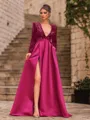 Unique A-Line Velvet Sequins Bowknot V-Neck Long Sleeves Sweep Train Prom Dress