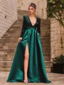 Unique A-Line Velvet Sequins Bowknot V-Neck Long Sleeves Sweep Train Prom Dress