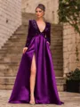 Unique A-Line Velvet Sequins Bowknot V-Neck Long Sleeves Sweep Train Prom Dress