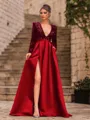 Unique A-Line Velvet Sequins Bowknot V-Neck Long Sleeves Sweep Train Prom Dress
