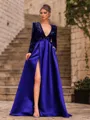 Unique A-Line Velvet Sequins Bowknot V-Neck Long Sleeves Sweep Train Prom Dress