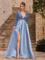 Unique A-Line Velvet Sequins Bowknot V-Neck Long Sleeves Sweep Train Prom Dress