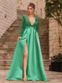 Unique A-Line Velvet Sequins Bowknot V-Neck Long Sleeves Sweep Train Prom Dress