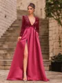 Unique A-Line Velvet Sequins Bowknot V-Neck Long Sleeves Sweep Train Prom Dress