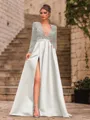 Unique A-Line Velvet Sequins Bowknot V-Neck Long Sleeves Sweep Train Prom Dress