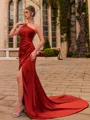 Glamorous Sheath Satin Chiffon Pleated One-Shoulder Sleeveless Sweep Train Prom Dress