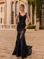Hermosos Sheath Lace V-Neck Sleeveless Court Train Prom Dress