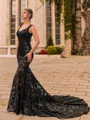 Hermosos Sheath Lace V-Neck Sleeveless Court Train Prom Dress