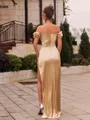 Exquisite Sheath Silk Like Satin Pleated Off-The-Shoulder Short Sleeves Floor-Length Prom Dress