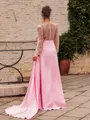 Splendid A-Line Silk Like Satin Pleated V-Neck Long Sleeves Sweep Train Prom Dress