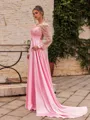Splendid A-Line Silk Like Satin Pleated V-Neck Long Sleeves Sweep Train Prom Dress